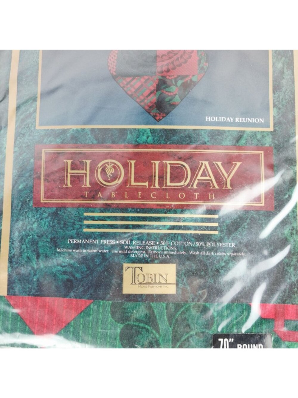 NOS Tobin Holiday 70" Round Fabric Tablecloth w/4 napkins Red Green Floral - Picture 7 of 8